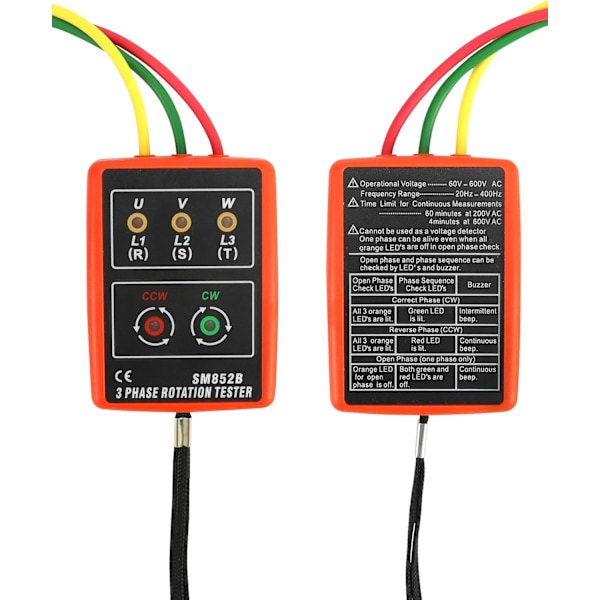 Fasefølge Tester, 60V~600V AC, 20-400 Hz, med Summer Tester og Krokodilleklemmer
