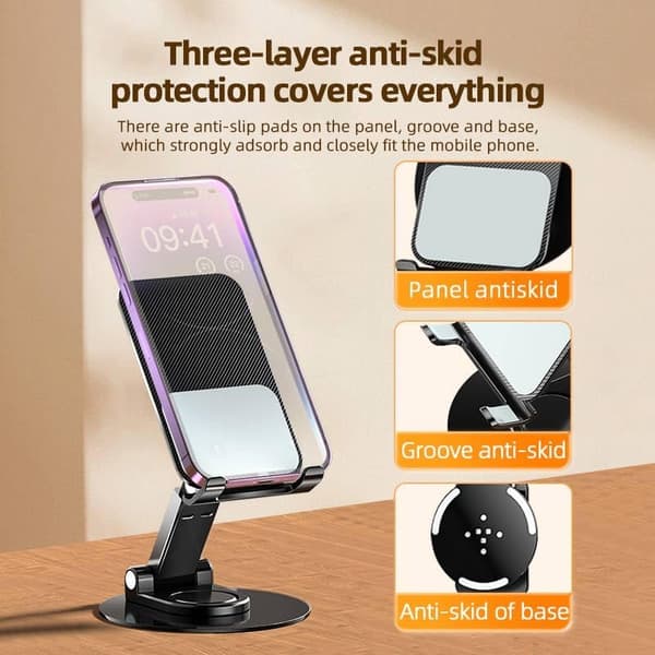 Foldbar telefonholder, skrivebords telefonholder til telefoner og tablets, sort