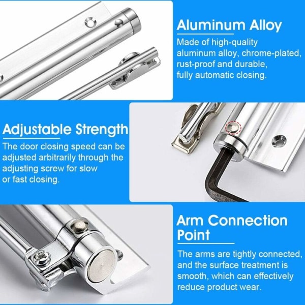 Aluminiumlegering fjäderdörrstängare justerbar rostfri dörrstängare automatisk dörrstängare kromyta hållbar med skruvar - silver