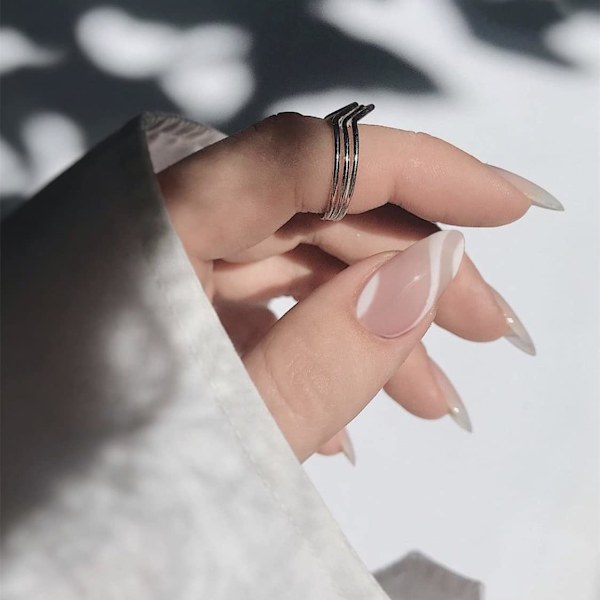 Mid-Length Almond Press Nail Design, Nude White Striped Acrylic Nail Press, Artificial Glue on Ladies' Nails, Nail Decoration Nail Art stripe