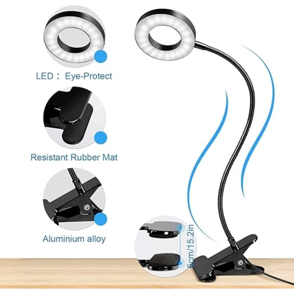 48 LED Clip-on skrivebordslampe, 360° fleksibel, clip-on læselampe, 3 lystilstande og 10 lysstyrkeniveauer, USB LED-skrivebordslampe til studie og arbejde, sort [Ener