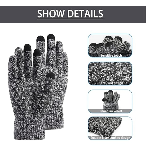 Vinter Stickade Handskar, Herr Dam Touchscreen Kallväder Handskar, Full Finger Mjuka Varma Anti Slip Handskar för Vandring