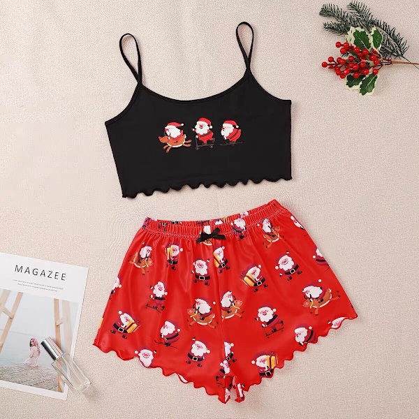 Santa Claus tryckt väst camisole topp shorts hem slitage kostym kvinnor
