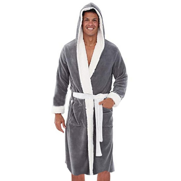 Herrbadrock Tjock Fleece Varm Hoody Wrap Robe Sovkläder Grå L
