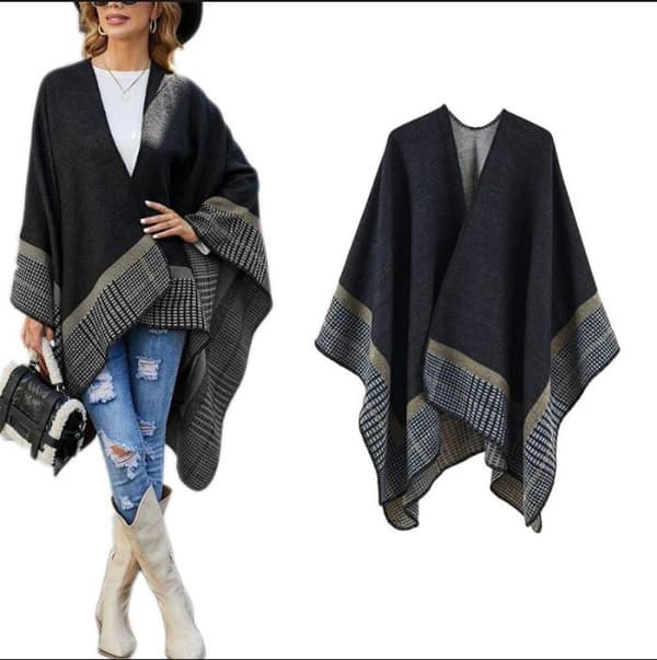 Strikkede poncho - Sort kaki - 1 stk. - Efterår vinter - Til at holde varmen