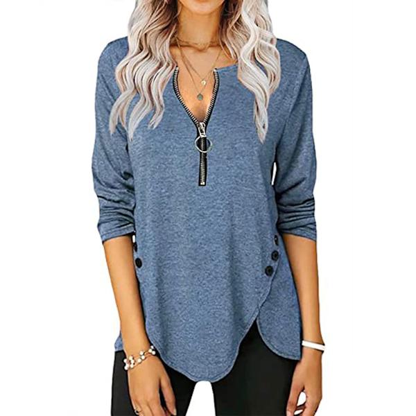 Dame Langærmede Skjorter, Casual Solid Zipper Tunika Skjorter Fashion Langærmede V-hals Knap Dekorere Bluse Tees XL