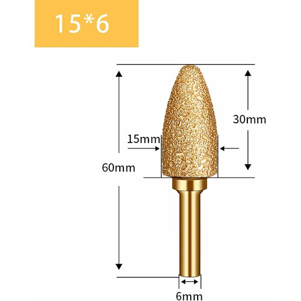 Diamantslibning Hovedfræser Bits - 6mm Skaft Rund Hoved Metalfræser Bits Trim Grater Skæringsværktøjer til Støbejern/Rustfrit Stål/Flise/Marmor/Sten (15mm)