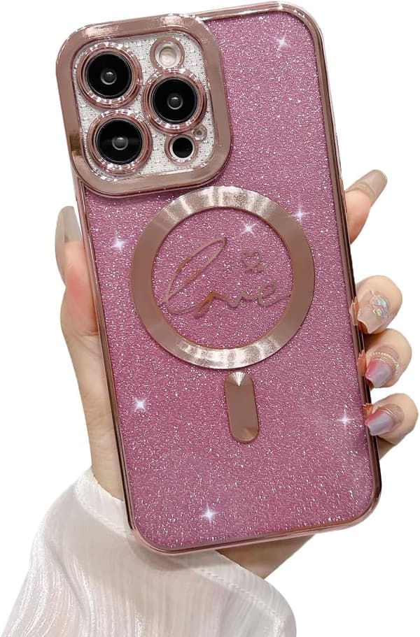 Magnetiskt telefonfodral kompatibelt med iPhone 15 Pro Max, Glänsande Lyx Kärlek Söt