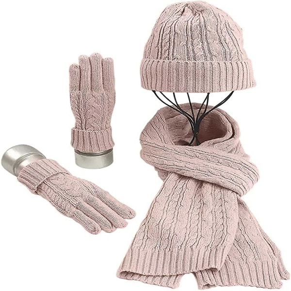 3-delat set: Loop-scarf, stickad mössa, handskar