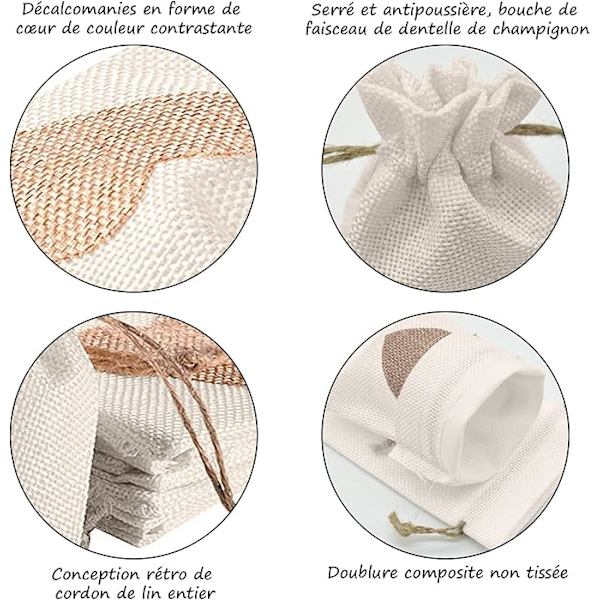 24 stk Hjerteformet Burlapposer 10*14CM, for Bryllupsgaver Godteri Gaver Dåp Bursdag Jul Små (Beige)