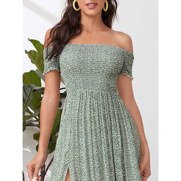 Kvinde Bohemian Blomster Print Off Shoulder Slidset Lang A-Linje Kjole，XL