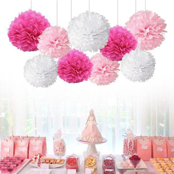 Pappersblommor i silkespapper, 9 st rosa, rosaröd, vita pappersblommor