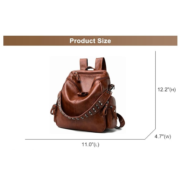Kvinnors Ryggsäck Handväska PU Läder Anti-stöld Handväskor Casual Axelväska Dam Mode Nitar Design Satchel Väskor（brun）