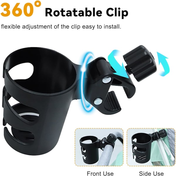 Barnevognskopholder, Universal Flaskeholder til Barnevogn Cykel Scooter med 360° Rotation, Passer til de fleste Kopper