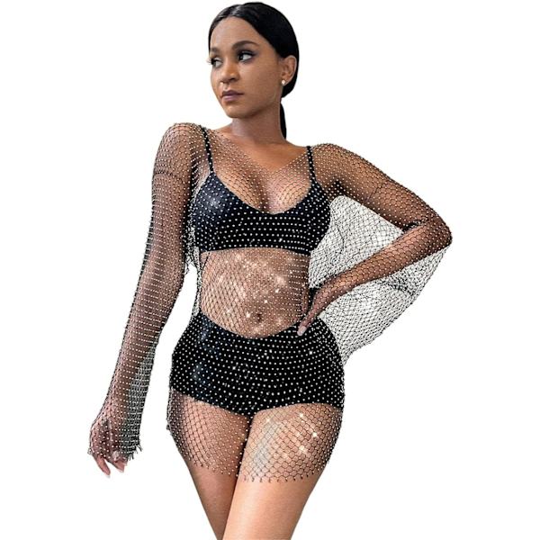 Genomskinlig Rhinestone Fishnet Cover Up Blank V-hals Mesh Top Svart L