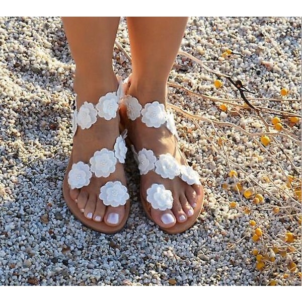 Dam Bröllop Platt Sandaler, Vita Spets Sandaler, Strand Sandaler,39