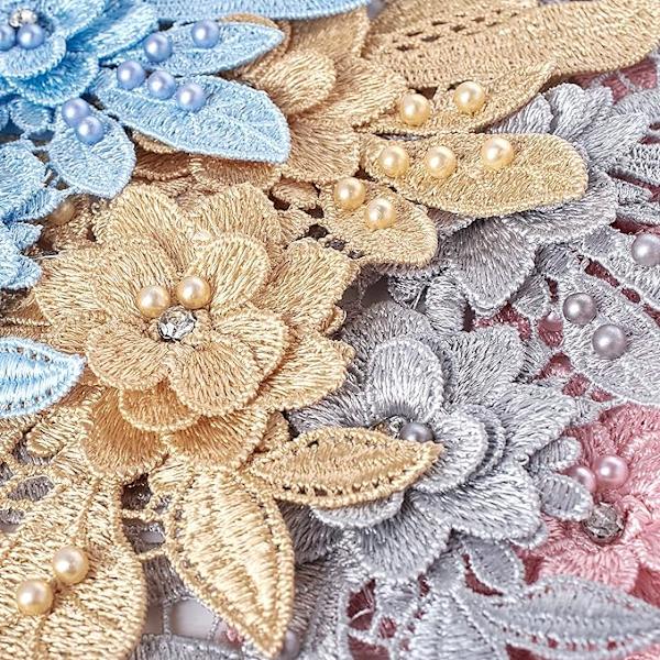 1 par 3D blonder applikation, sy på blomstperle lapper broderi blomstermotiv perler rhinestones blonder trim stof perle applikationer (Khaki)11.5*23.7cm