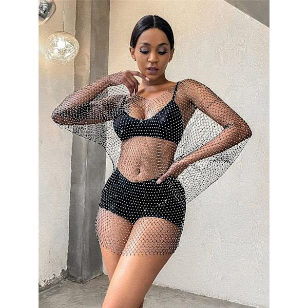 Genomskinlig Rhinestone Fishnet Cover Up Blank V-hals Mesh Top Svart L