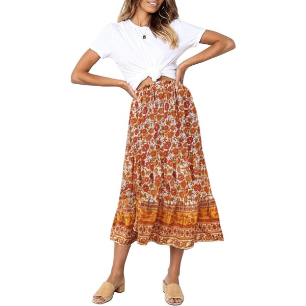 Kvinders Boho Blomsterprint Elastisk Højtaljet Plisseret A-Linje Midi Nederdel XL