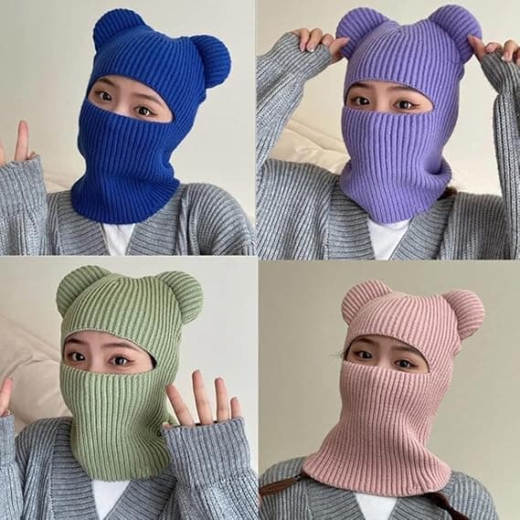 Vinterlue Varm Hette med Hette Skjerf Balaclava Strikket Hodeskallelue for Kvinner