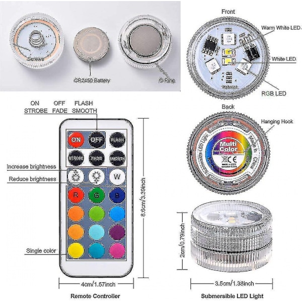 10 stk Mini Vandtætte LED-Lys, Aled Lys Under Vand Lys Vandafvisende RGB Multifarvet LED Lyslys Med 2 Fjernbetjeninger Til Swimmingpool