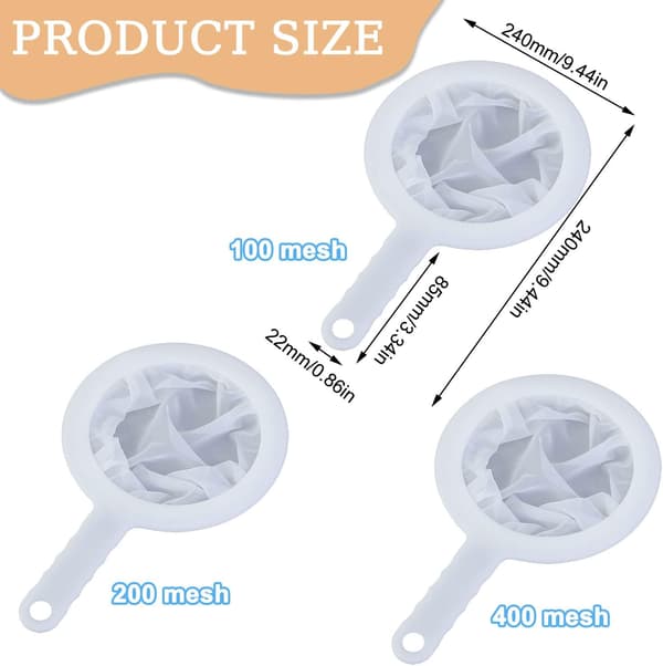 3-delad sil med halkfritt handtag 100/200/400 mesh nylon sil