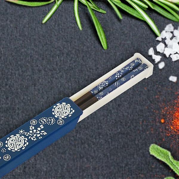 Uudelleenkäytettävät japanilaiset luonnonpuu syömäpuikot 1 pari kotelolla, kannettavat ja astianpesukoneen kestävät (sininen)-longziming