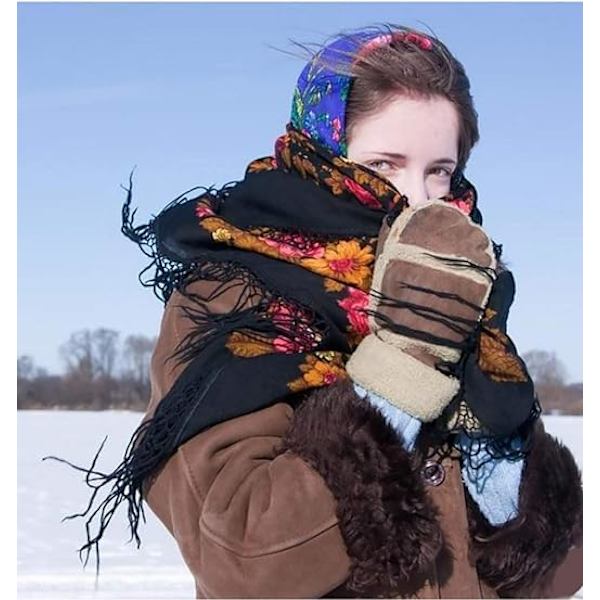 Kvinnors traditionella sjal wrap tofs sjal fransar hals huvud sjal retro sjal blommig poncho tryck sjal sjöblå färg 160*160CM