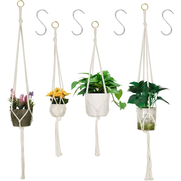 4 stk. Macrame ophængningspotte, ophængningspotteholder til blomster, Macrame planteophæng Macrame bomuldsreb ophængningspotte planteholder indendørs havedekoration wi