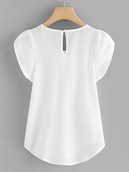 Kvinners Casual Crew Neck Basic Plissert Topp Cap Ermer Buet Nøkkelhull Bak
