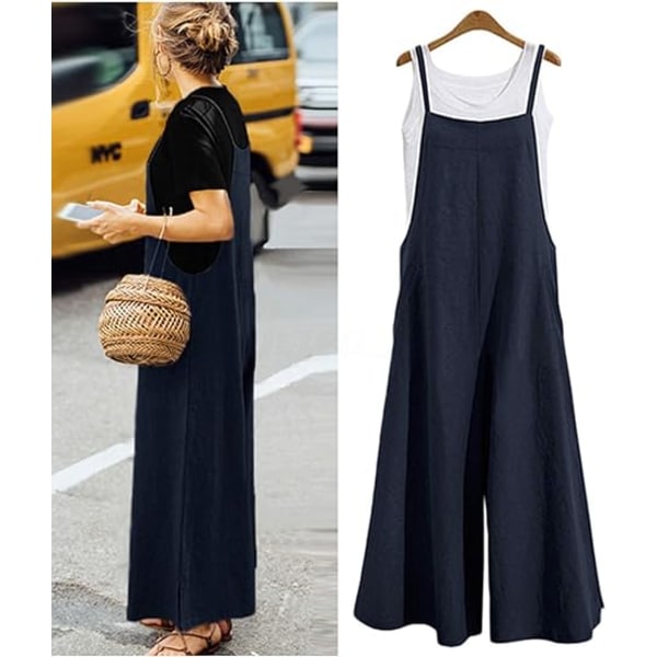 Kvinnor Casual Lös Lång Haklapp Byxor Vida Ben Jumpsuits Baggy Bomull Rompers O