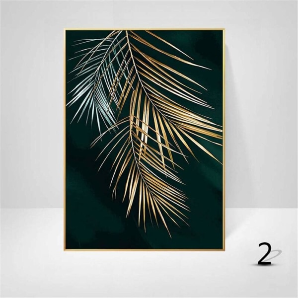 Set med 3 designväggaffischer med skog, bladguld, palm, ramlös, vägg