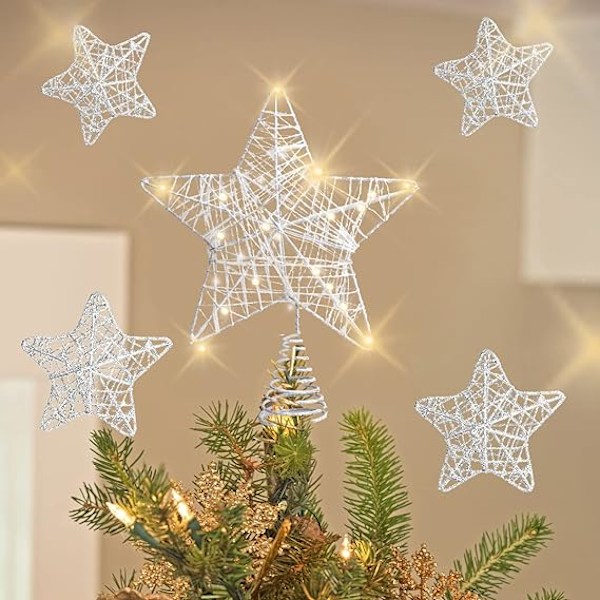 Juletræspynt  Sæt Hul Glitrende Lysende Stjerne Juletræstop