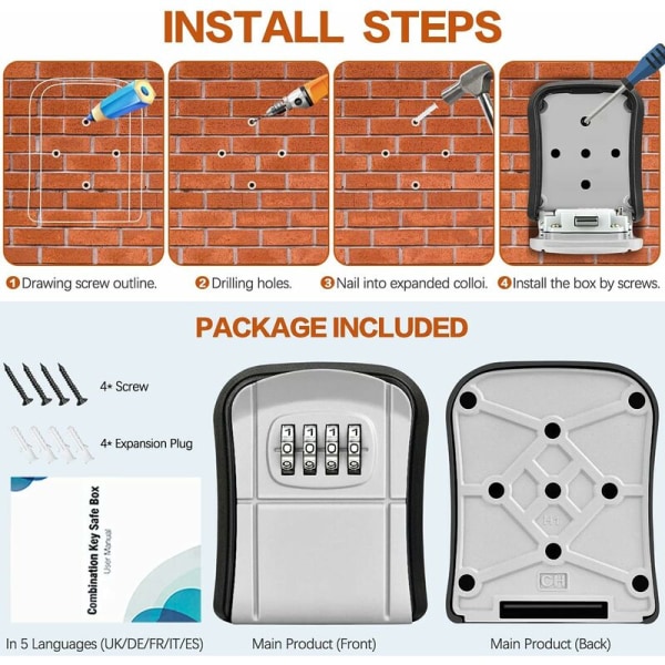 Nøkkelboks veggmontert mini nøkkelboks utendørs nøkkelboks med tilbakestillbar 4-sifret