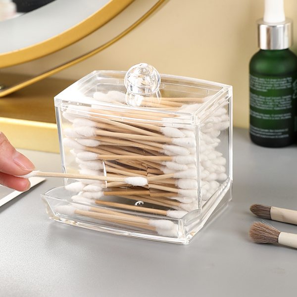 Bomuldsvatpind Holder Æske Akryl med Låg Opbevaringsboks til Bomulds puder eller Makeup Kosmetik, Transparent, Etui