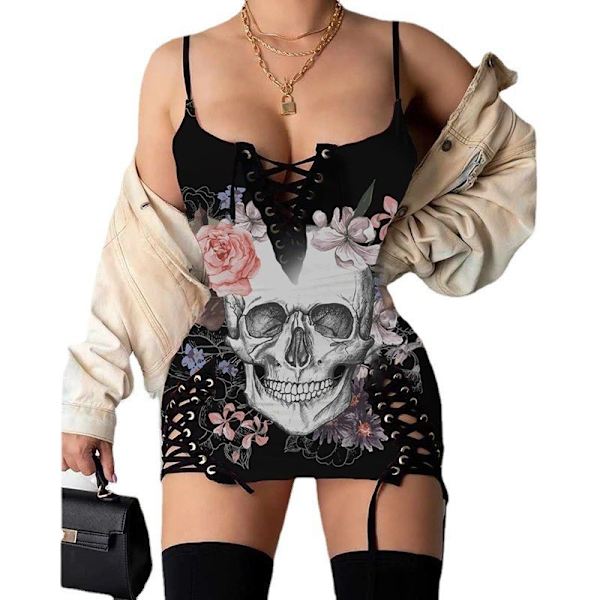 Kvinde  Skull Rose Printed Halloween Stretchy nederdel，XL