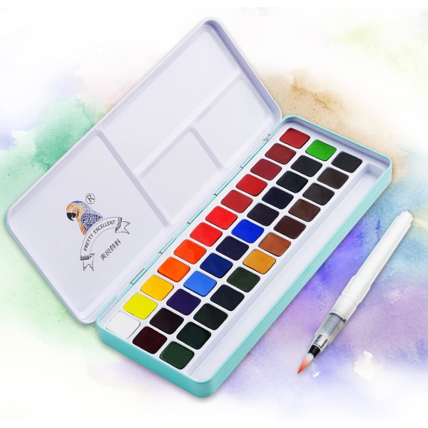 Akvarellfargesett, 36 livlige farger med metallboks og akvarellpensel