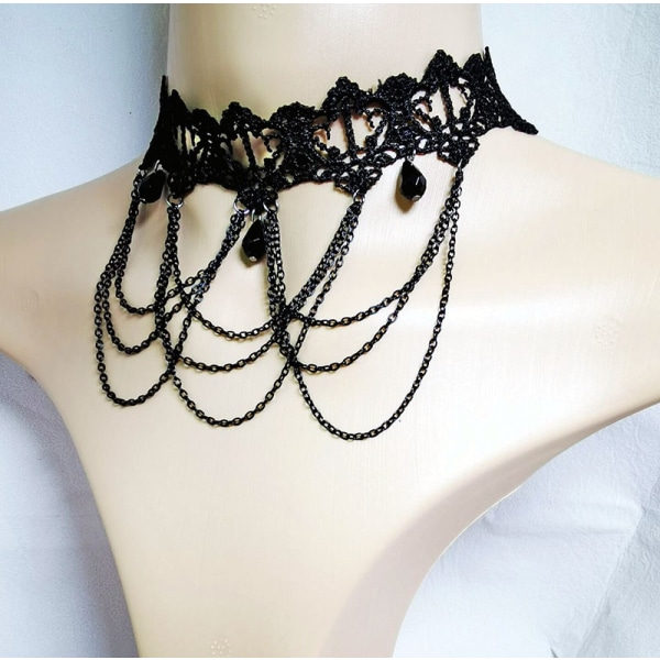Bred Vintage Choker / Halskæde - Sort Blonder, Kæder & Perler Sort