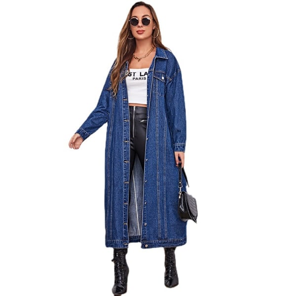 Kvinnors mode vår knapp ner midi lång denim jean jacka trenchcoat