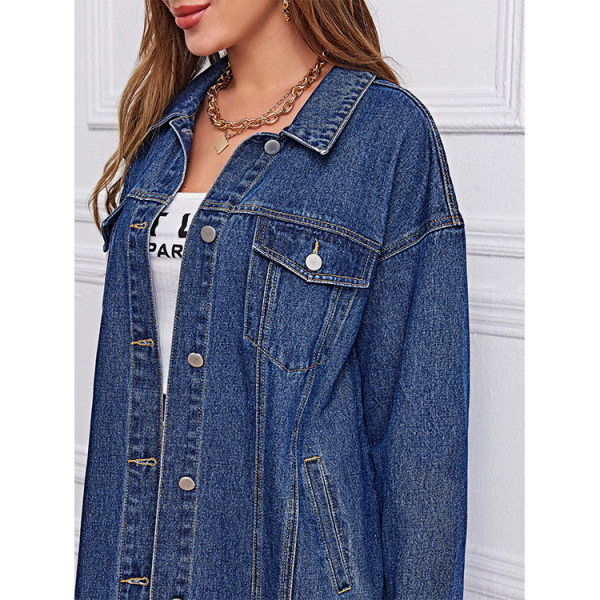 Kvinnors mode vår knapp ner midi lång denim jean jacka trenchcoat