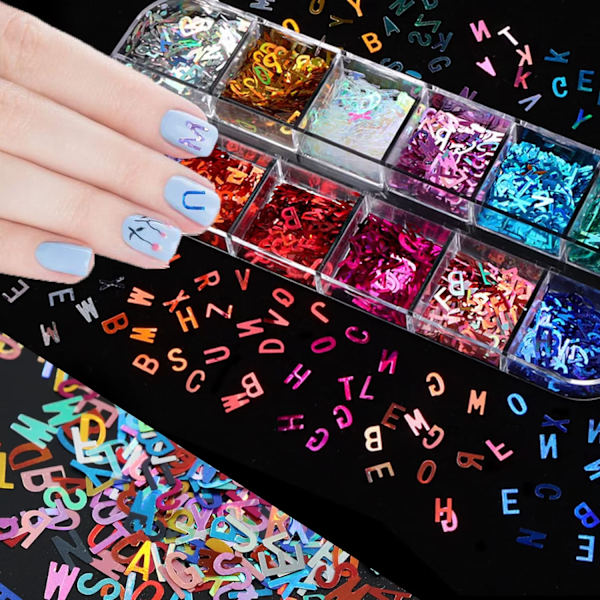 Kirjain kynsien koristelupaljetit Laser aakkoset kynsien glitterhiutaleet konfetti DIY Des