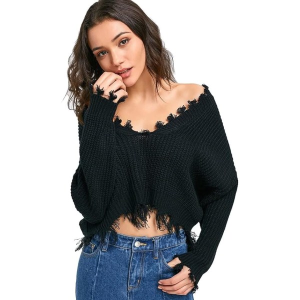 Dame løs langærmet V-hals Ripped Pullover striktrøje Crop Top sort