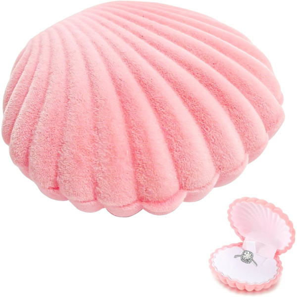 Bærbar smykkeskrin i skallform - smykkeskrin for jenter, kvinner, ringer, øredobber og ørestikker (6x3cm, rosa)