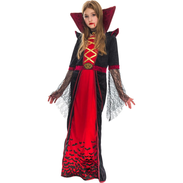 Kuninkaallinen vampyyripuku tytöille Deluxe-setti Halloween Vampiress Queen -mekko