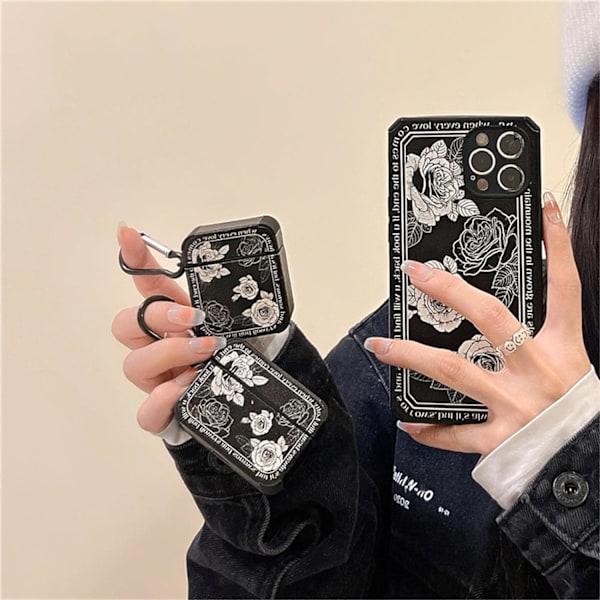 Kompatibel med AirPods-fodral Mjuk TPU med söta blommor Blommönster för kvinnor Flickor Mjukt silikonnyckelband Stötsäkert fodral Airpods 2 &1-Svart