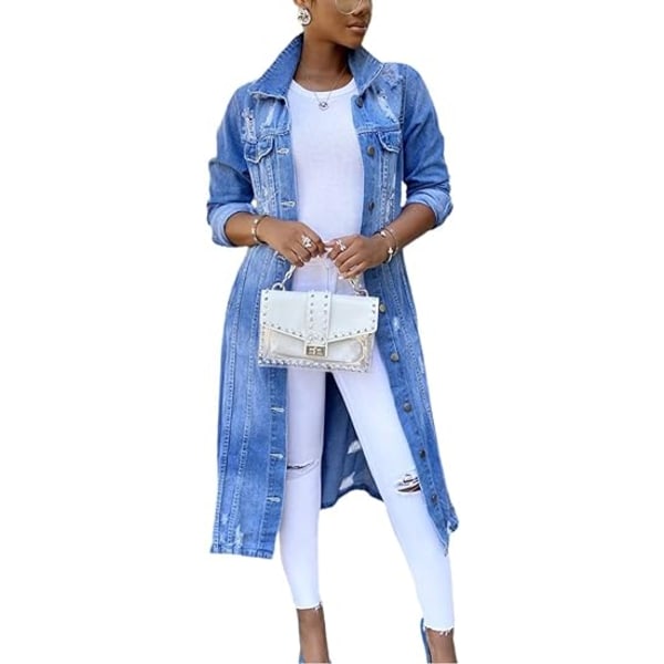 Kvinners Distressed Hole Over Knee Midi Lang Denim Jakke Trench Coat, STØRRELSE
