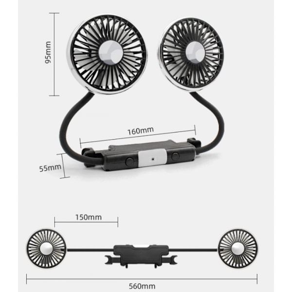 Dobbelthodet USB-bilvifte for baksetet 360 graders roterende med USB-LED