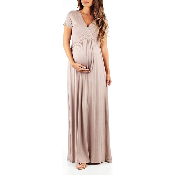Maternity Short Sleeve Ruched Waist Faux Wrap Maxi Kjole XL
