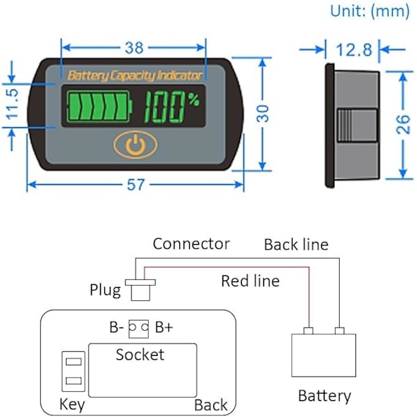 2 i 1 Batterikapacitetsindikator SOC Spændingskapacitetskombinationsmåler Blysyremåler 12V 24V 36V 48V Lithium Li-ion 2S~15S 7.4V~56V