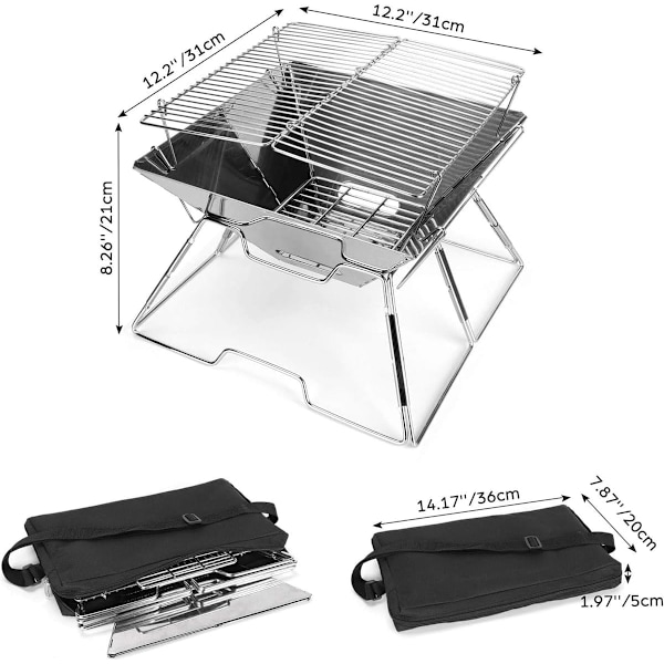 Foldbar Campingbålsplads, 304 Rustfrit Stål Grill, Rustfrit Stål Klips, Robust Bærbar Campinggrill med Bærepose til Bål, Camping, Pi